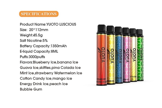 Nicotine Distrubutor Yuoto Luscious 3000 Puff , 8.0ml E Juice قلم ویپ یکبار مصرف