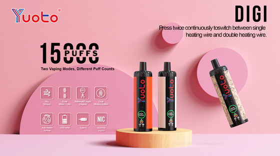 قابل شارژ مجدد Yuoto DIGI 15000 Puffs Double Mesh Coil Vape 22 طعم سطح سوخت باتری Ul